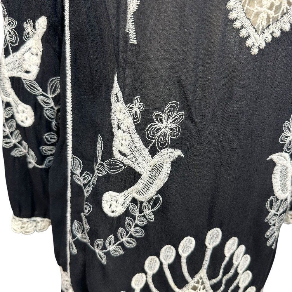 Boho Embroidered Bird Heart Lace Trim V-Neck Tunic Dress Black White 3/4 Sleeve - Picture 6 of 8